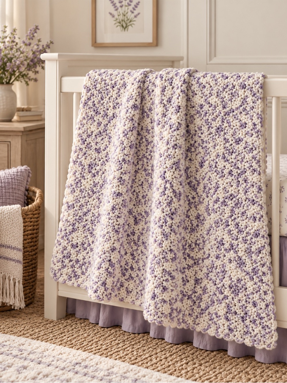 Purple & White Handmade Crochet Baby Crib Blanket • 24” x 36”